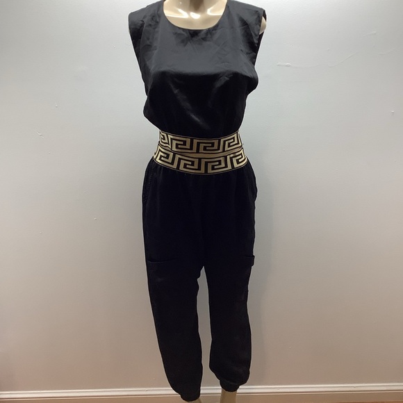 Cien Size Medium Black Satin 2Pc Pant Set With Geometric Elastic Waist. Preloved - Picture 3 of 8